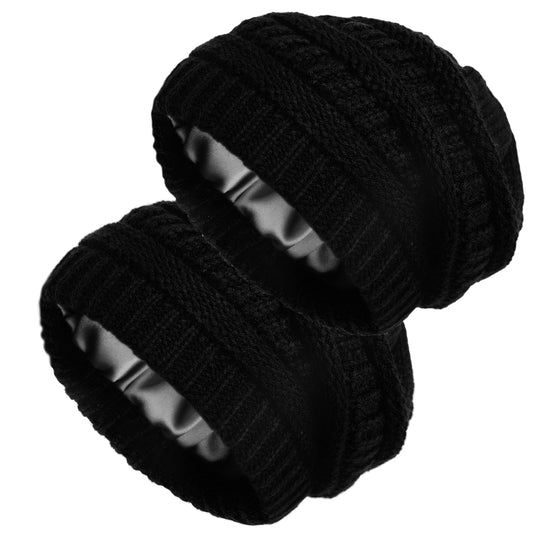 2 Pieces Satin Lined Cable Beanies